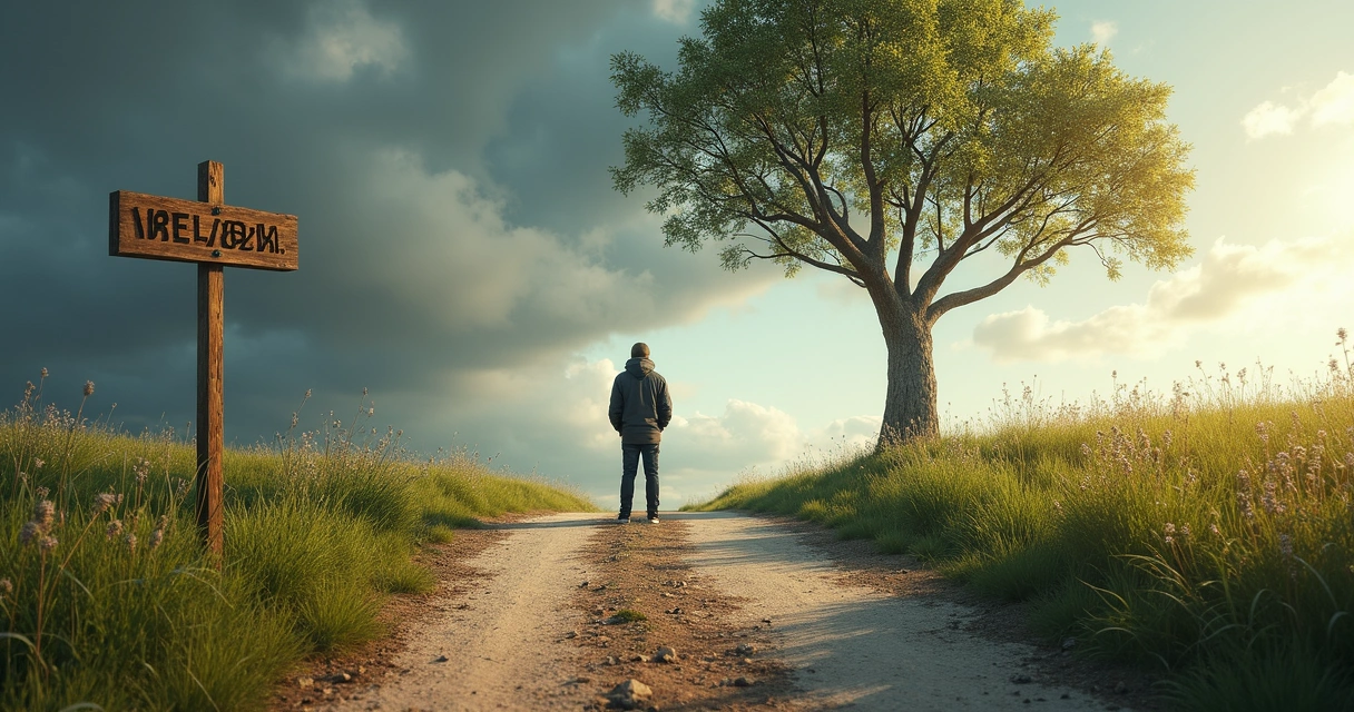 Person standing at a crossroads with signs showing blame in one direction and responsibility in the other, with a growing tree on the responsibility side 