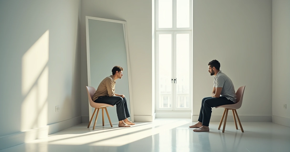 Person sitting in reflection while looking at their own mirrored image