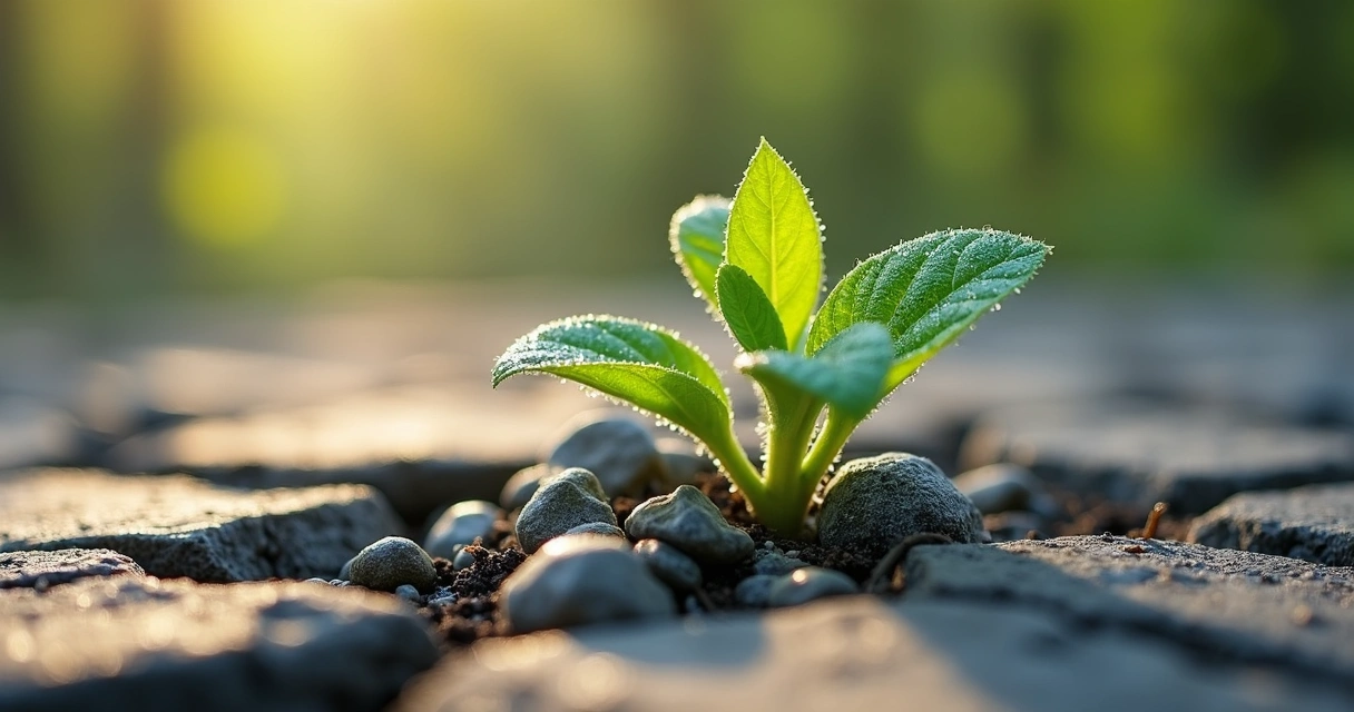 Growth shown as plant breaking through rocky ground 