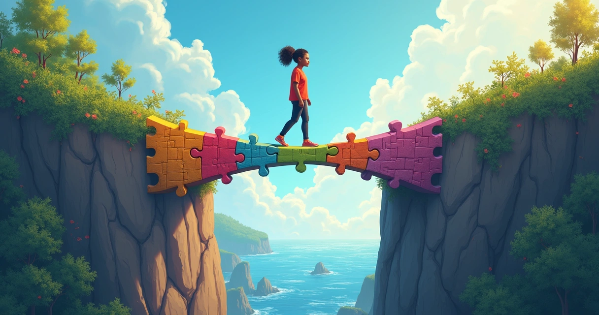 Person walking over a bridge made of puzzle pieces, symbolizing bridging gaps between beliefs and actions