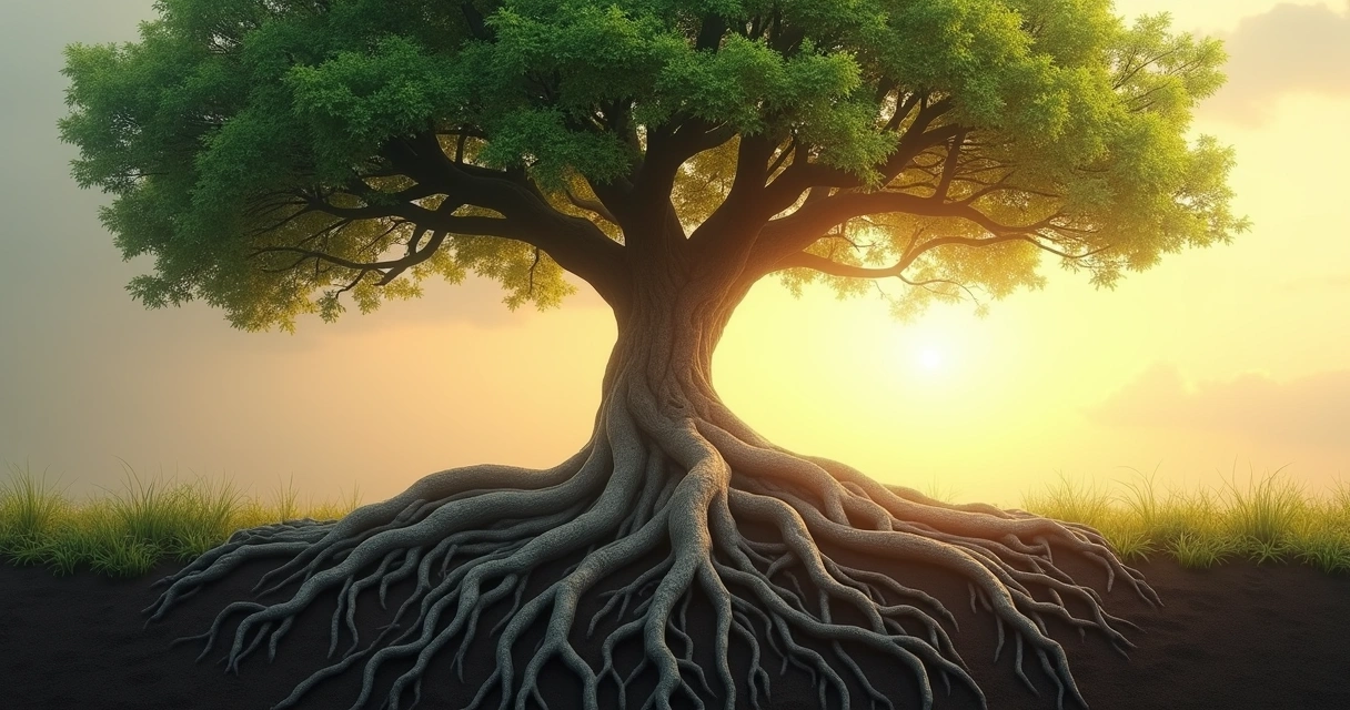 Tree with intertwined roots and branches representing inner tension and growth 