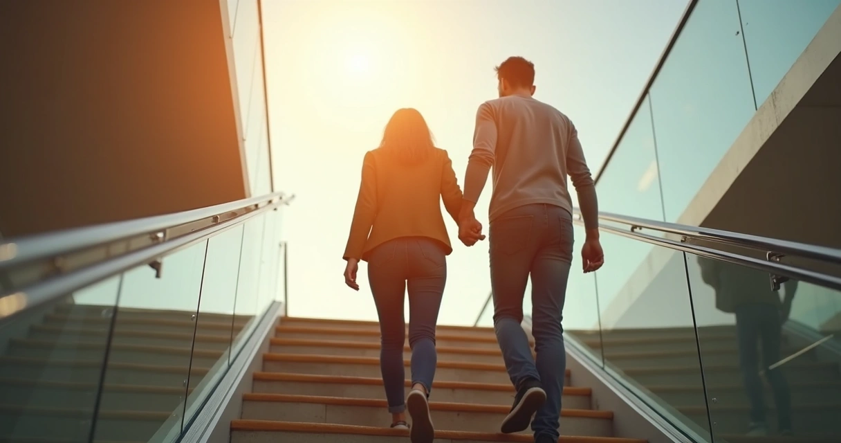 Two people walking up a staircase together, one helping the other, symbolizing support and growth