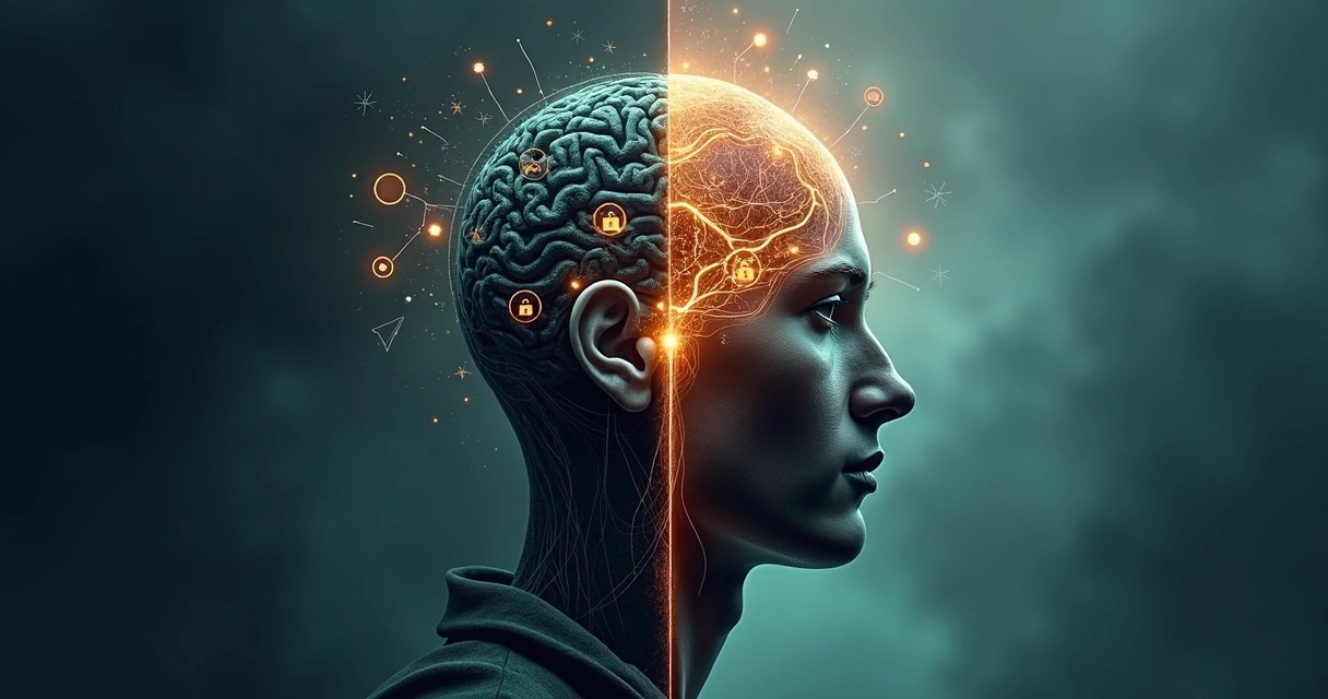 Split human head showing fixed and growth mindset with contrasting brain pathways 
