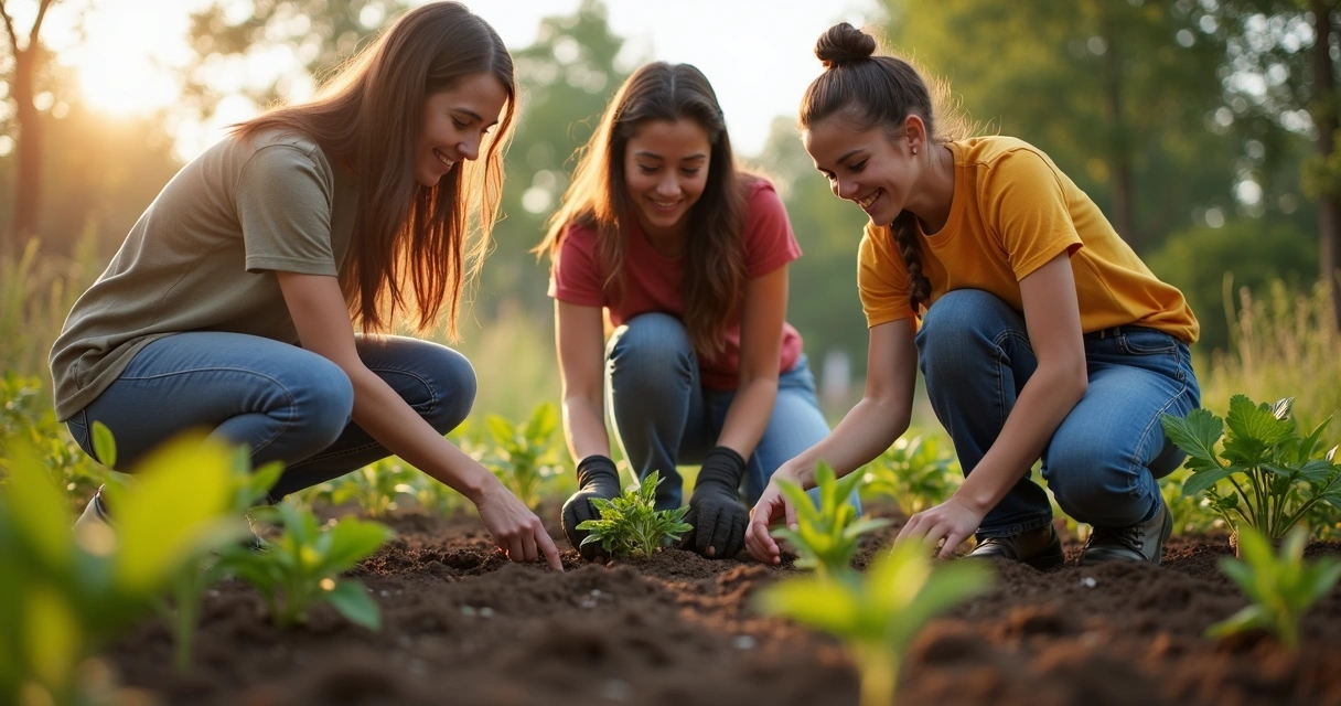 Jovens plantando mudas em jardim comunitário 
