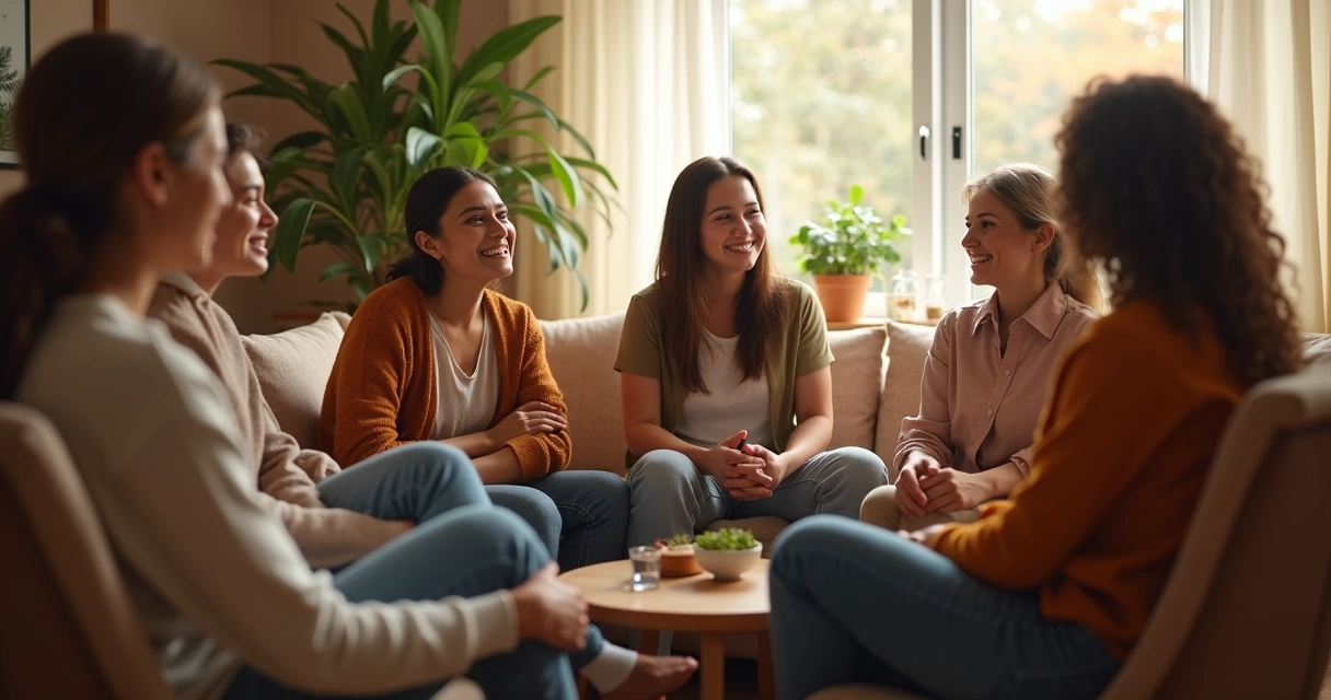 Grupo informal de pessoas sentadas em círculo trocando experiências e acolhendo sentimentos 