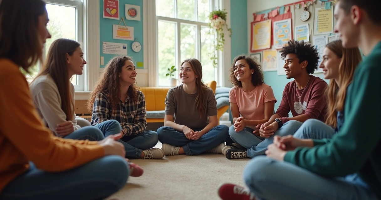 Grupo de adolescentes reunidos en círculo practicando coaching emocional 