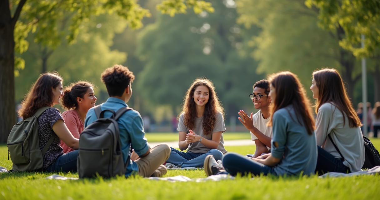 Grupo de adolescentes conversando sentados em roda em um parque 