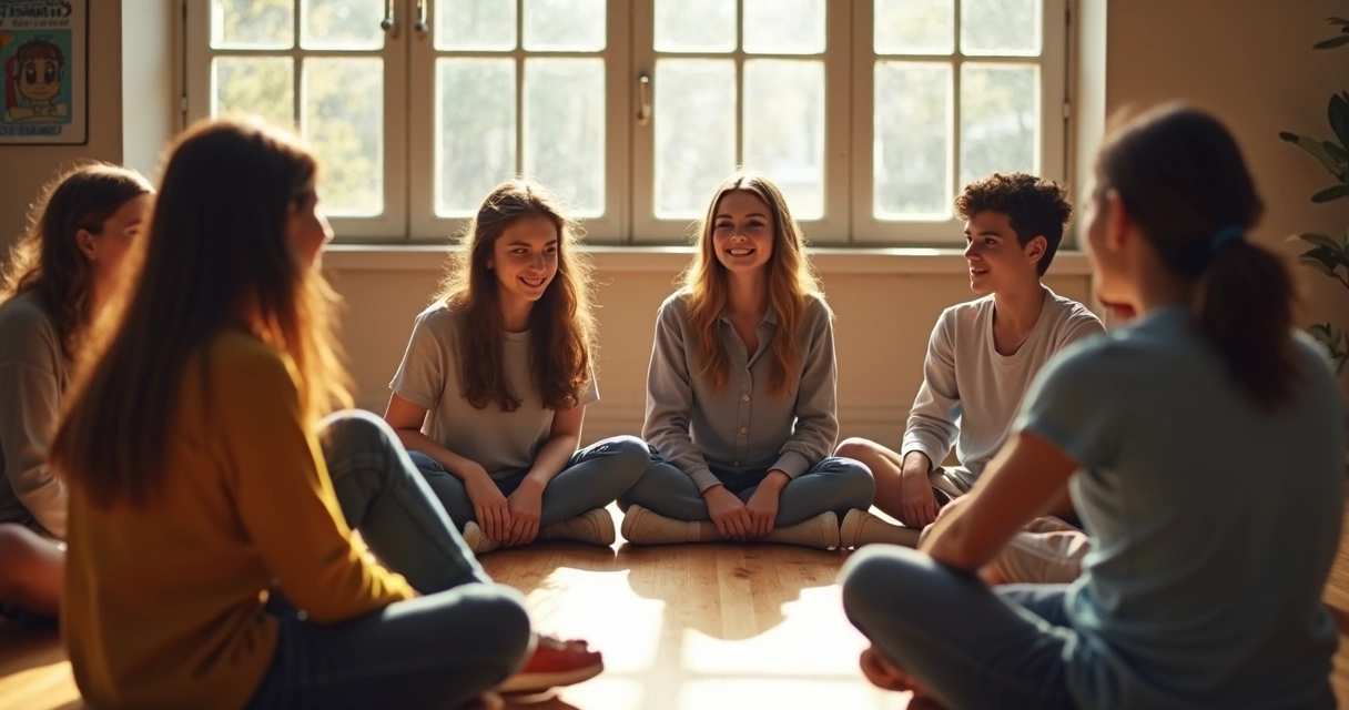 Grupo de adolescentes sentados em círculo conversando e sorrindo