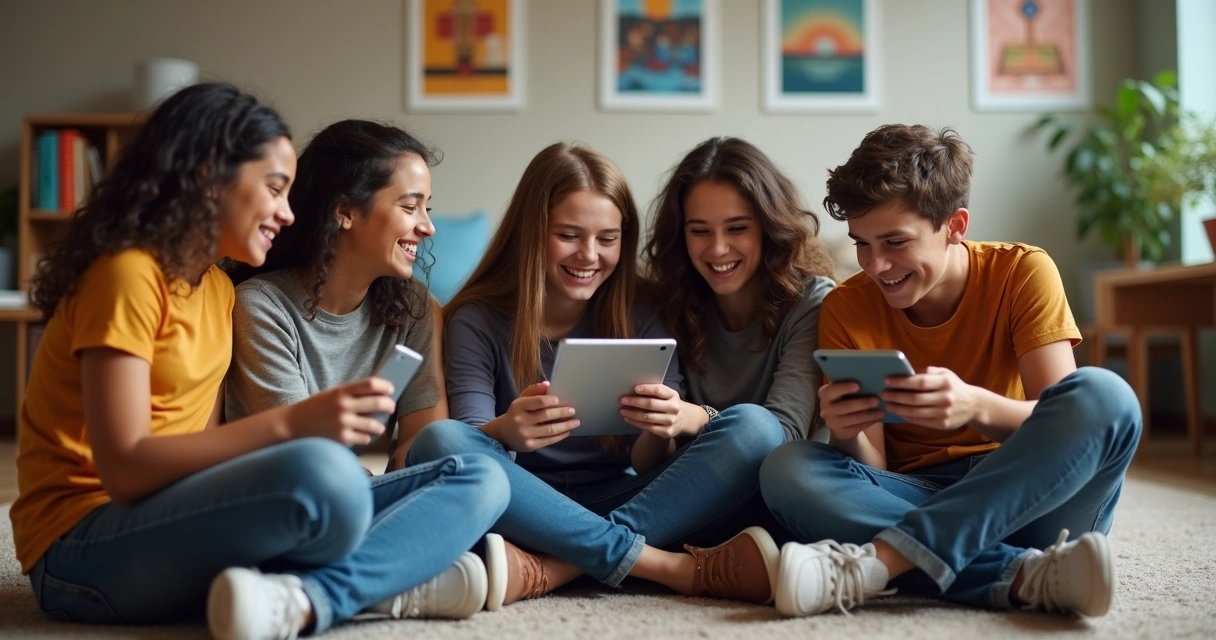 Grupo de adolescentes usando tecnologia juntos.