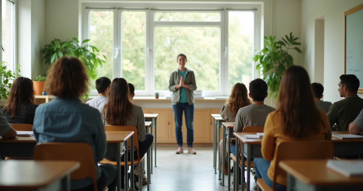 Grupo de adolescentes em prática guiada na escola 