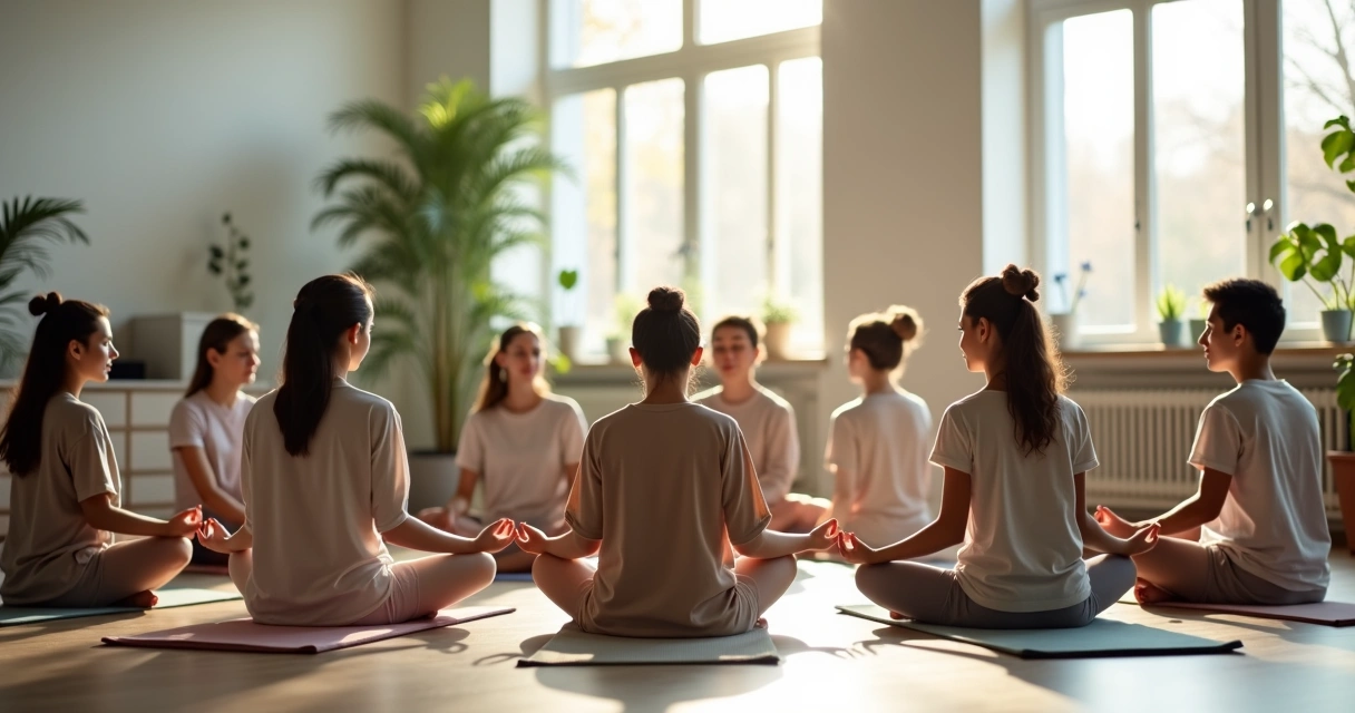 Grupo de adolescentes practicando meditación en círculo 