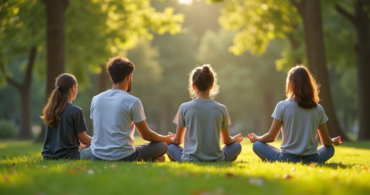Grupo de adolescentes sentados en círculo en un parque meditando en la naturaleza. 