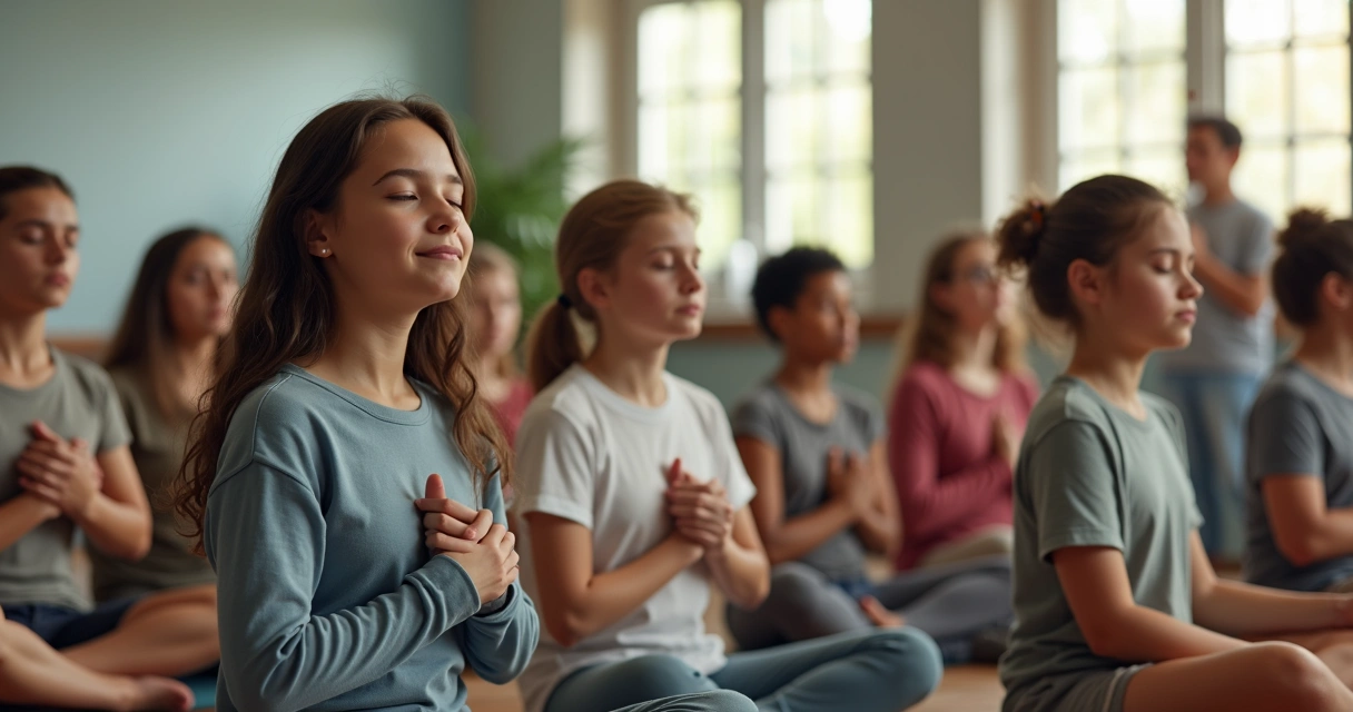 Adolescentes sentados no chão em círculo, praticando meditação em sala de aula 