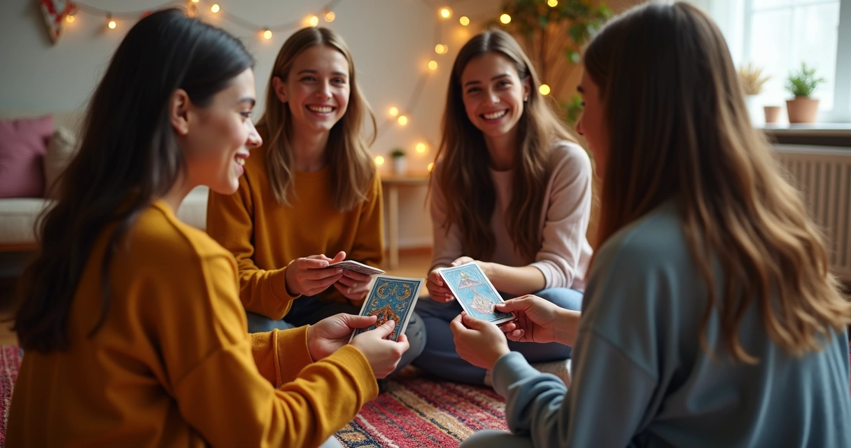 Grupo de adolescentes sorrindo sentados em roda com cartas de tarot 