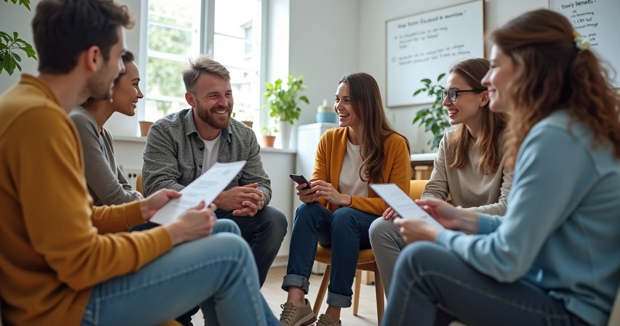 Grupo de pessoas em círculo trocando experiências sobre conserto de eletrodomésticos 