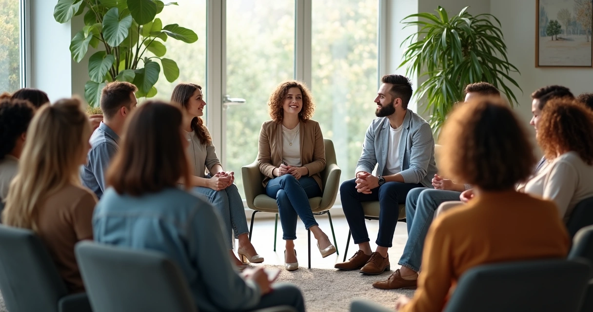 Grupo de pessoas sentadas em roda participando de terapia de grupo em clínica 