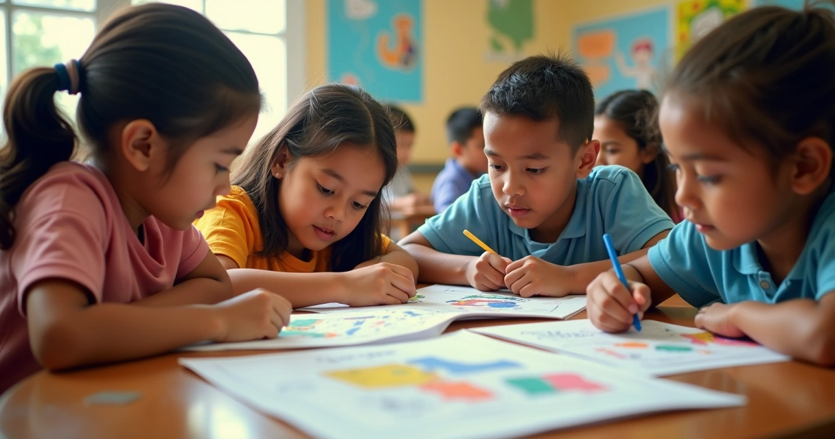 Grupo de alunos aprendendo com materiais criativos 