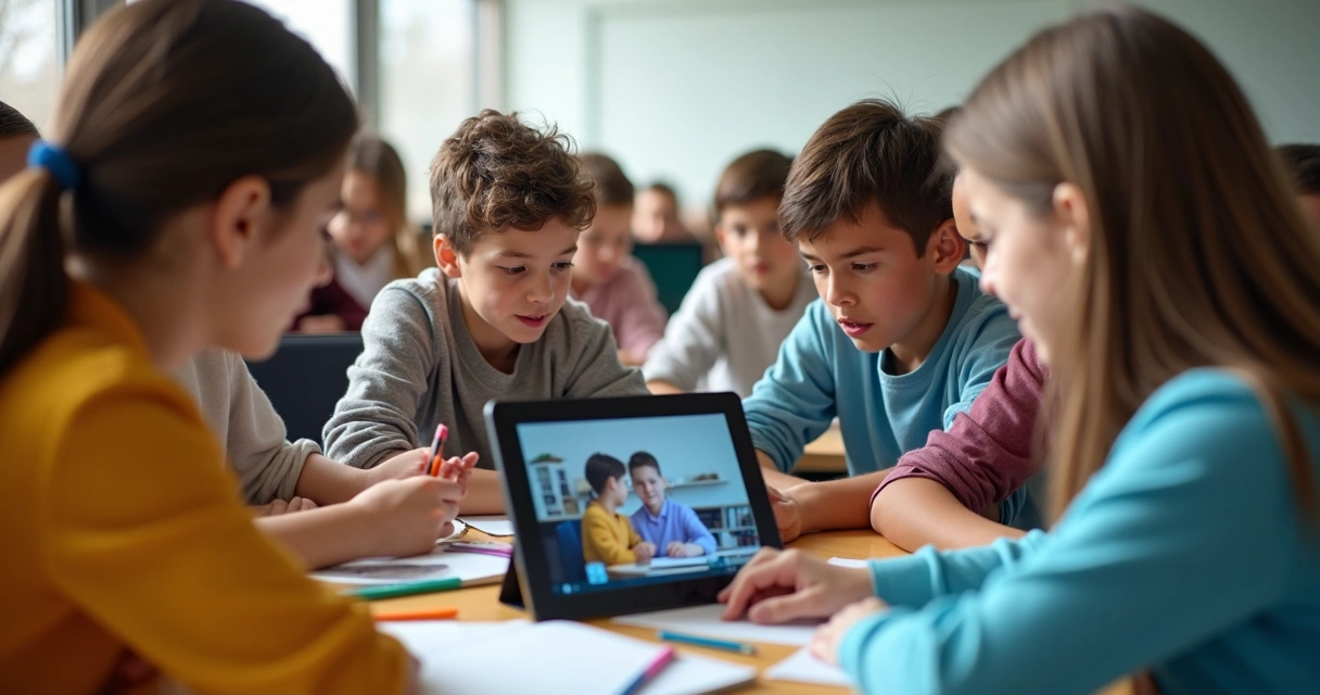 Grupo de alunos assistindo vídeo educativo em tablet 