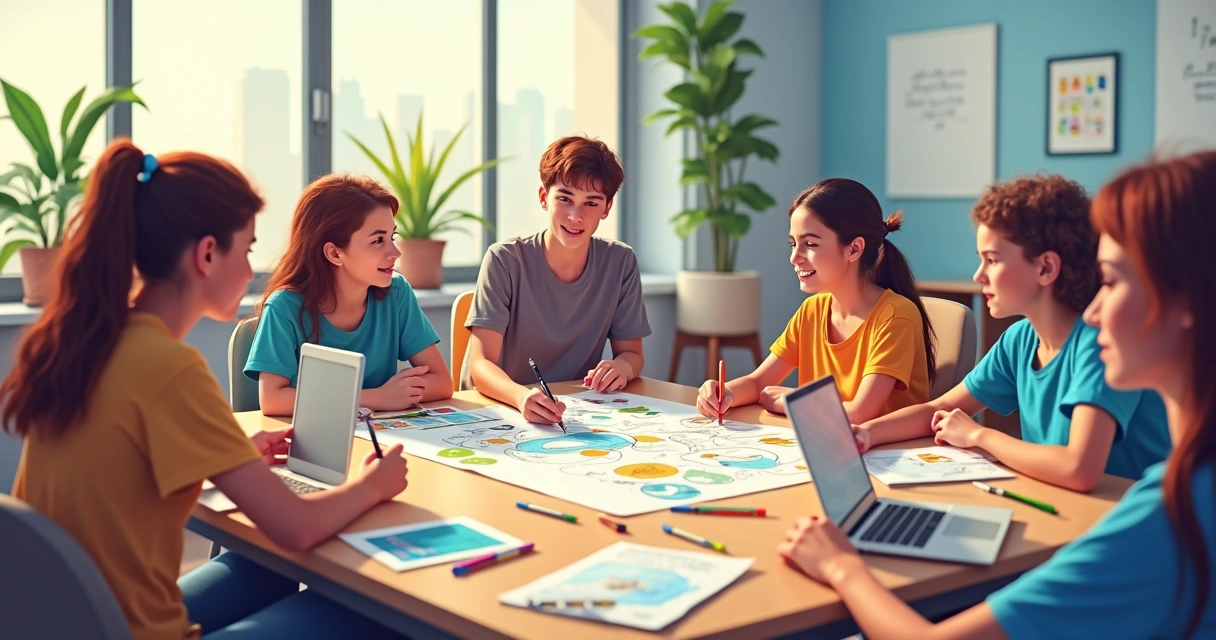 Grupo de estudantes sentados ao redor de uma mesa, discutindo opções de design para camisetas escolares 