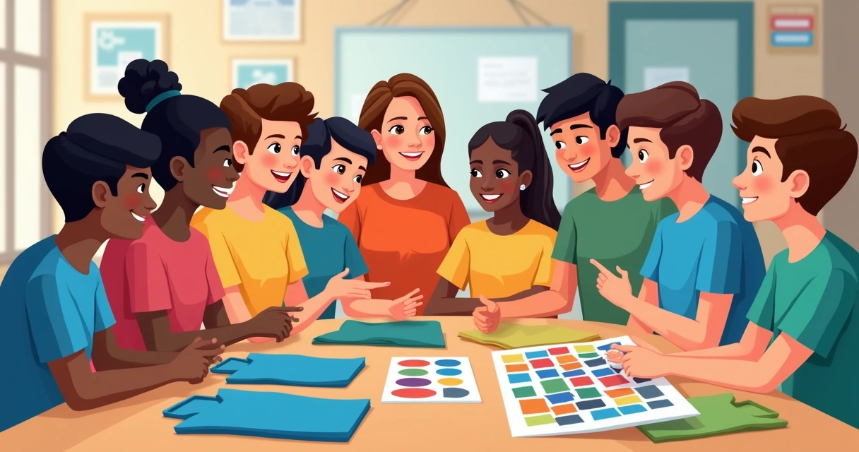 Grupo de alunos escolhendo amostras de cores para camisetas personalizadas