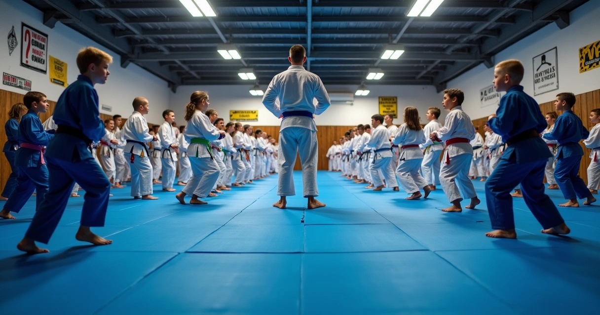 Grupo de alunos de Jiu-Jitsu praticando técnica básica no tatame 