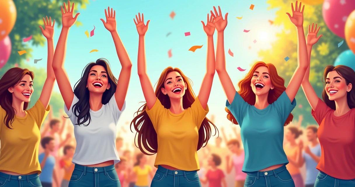 Grupo de amigas comemorando com camisetas customizadas levantando os braços 
