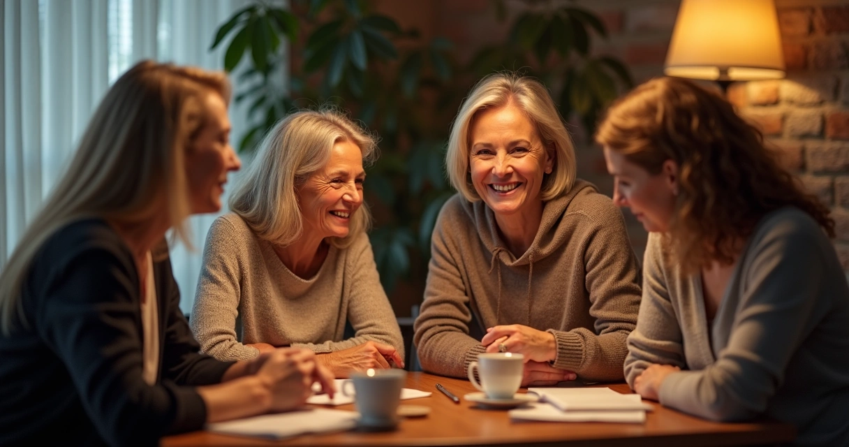Quatro mulheres reunidas conversando com expressão de apoio e carinho 