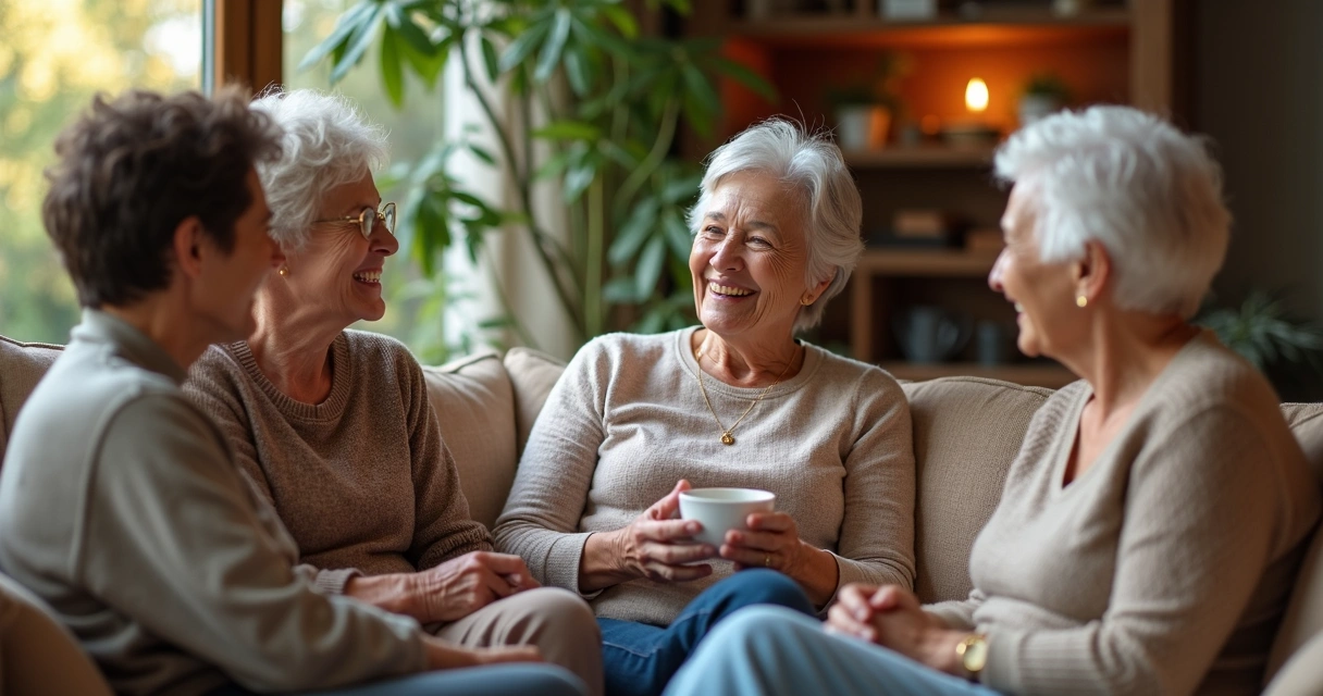 Grupo de mulheres maduras sorrindo sentadas em círculo.
