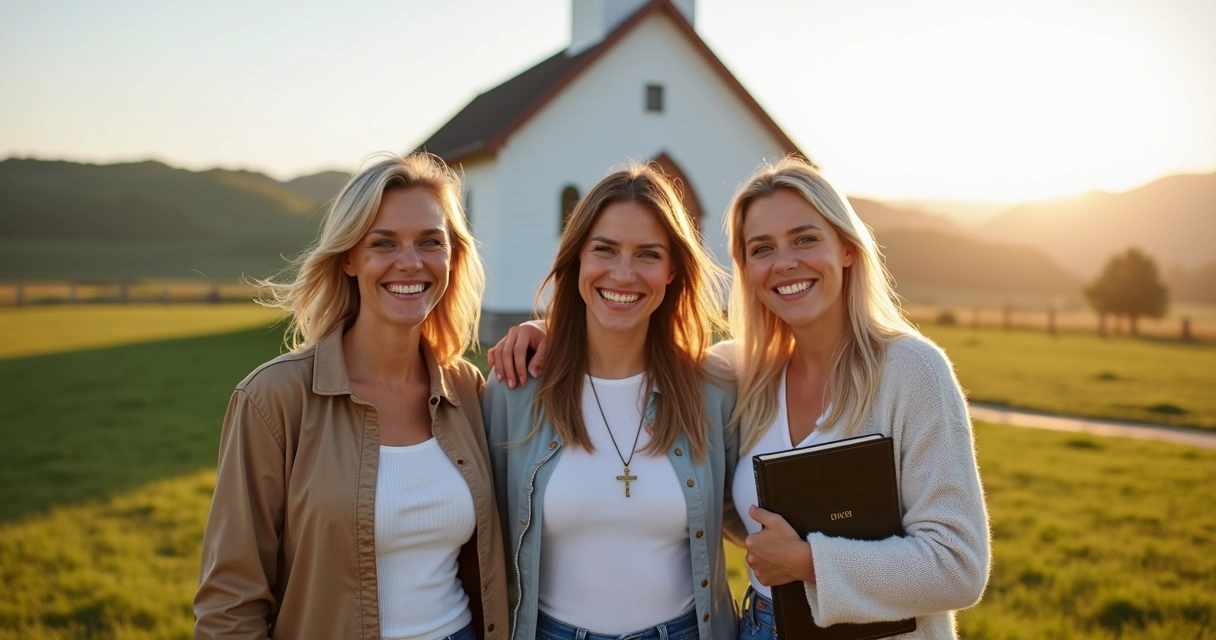 Três mulheres sorrindo e abraçadas em frente a uma igreja