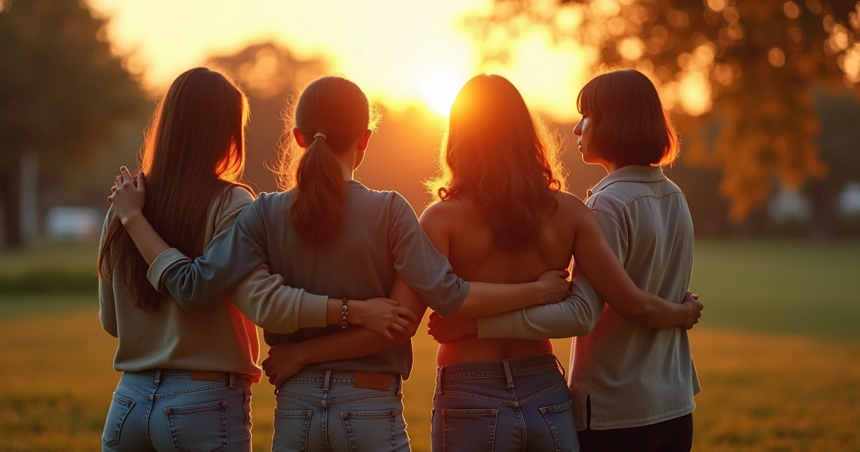 Grupo de amigos em círculo se abraçando em um parque ao entardecer. 