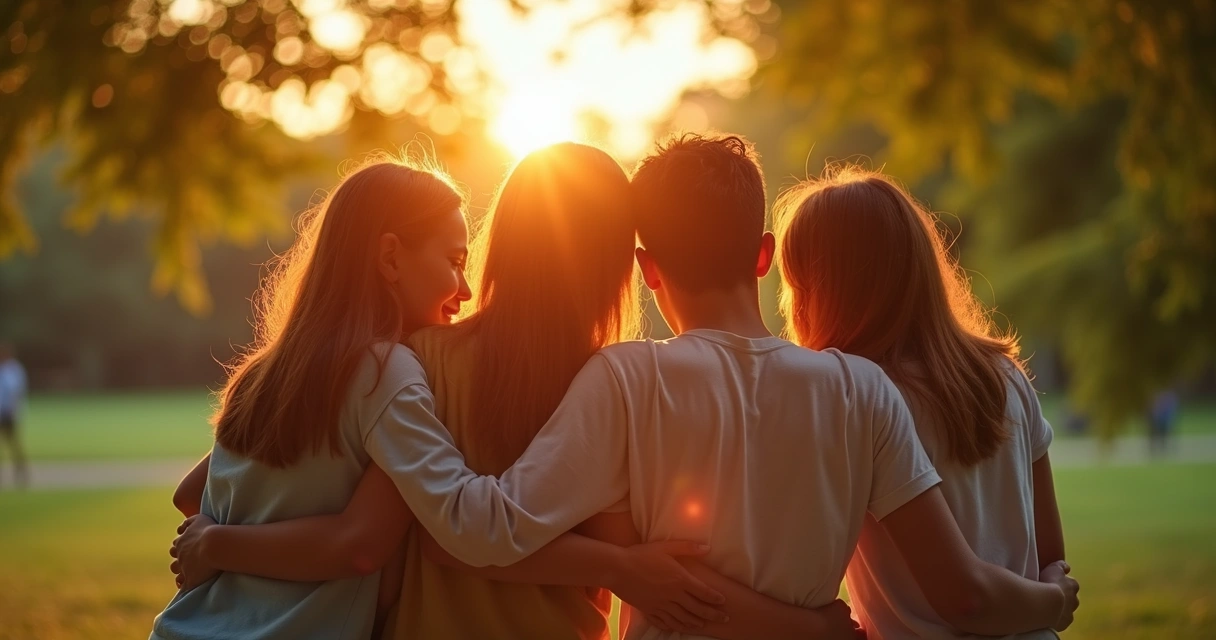 Grupo de amigos se abraçando ao ar livre 