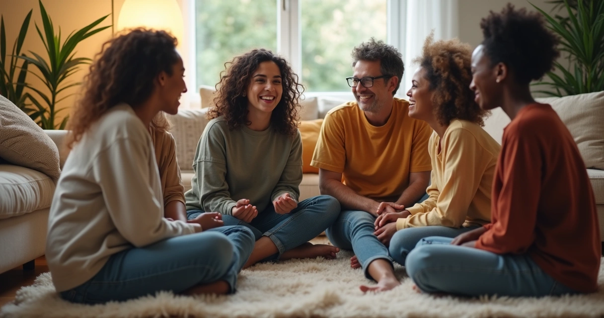 Grupo de amigos conversando em uma sala confortável 