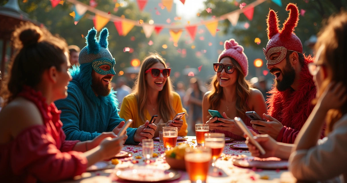 Amigos reunidos em mesa com fantasias de carnaval olhando celulares 