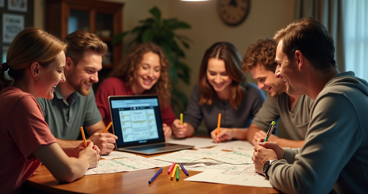 Grupo de pessoas preenchendo bilhetes de loteria em mesa de madeira 
