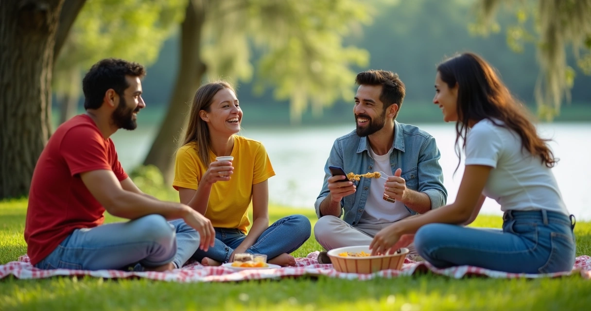 Pequeno grupo de amigos brasileiros e americanos em um parque em Orlando 