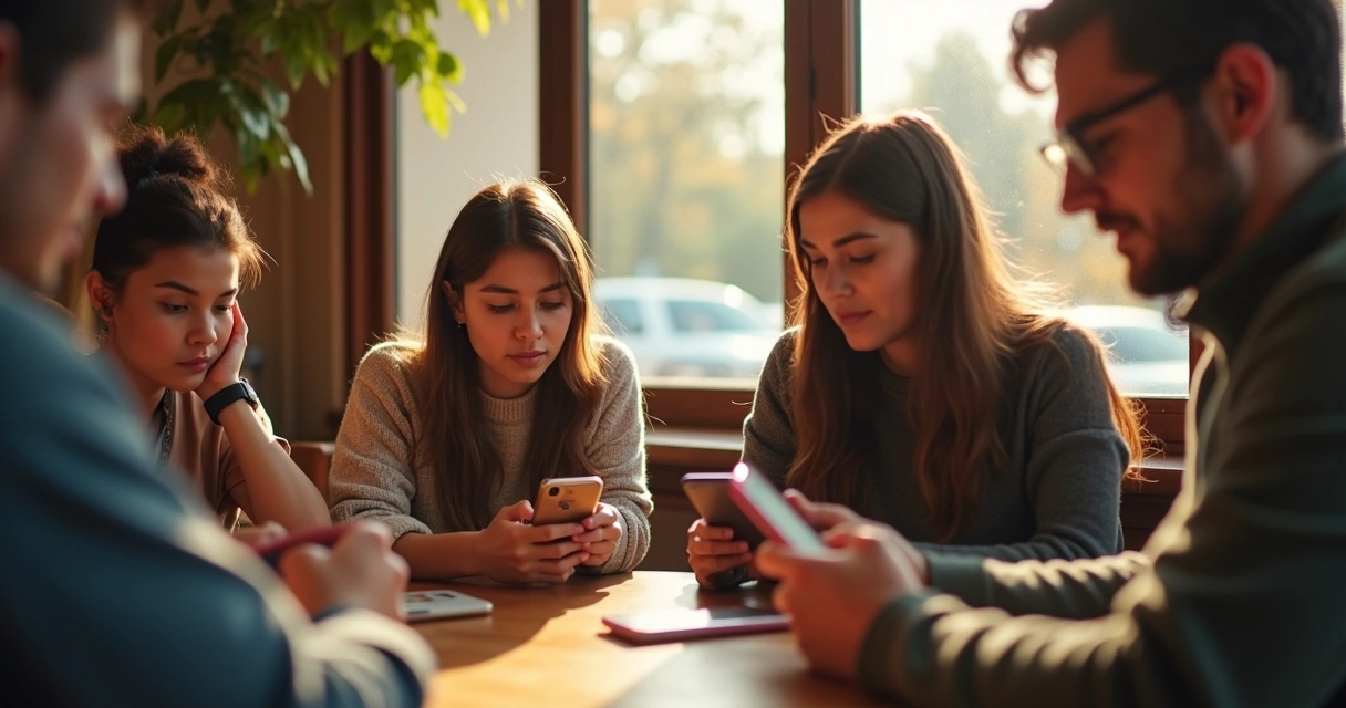 Grupo de amigos mirando celulares, uno espera respuesta