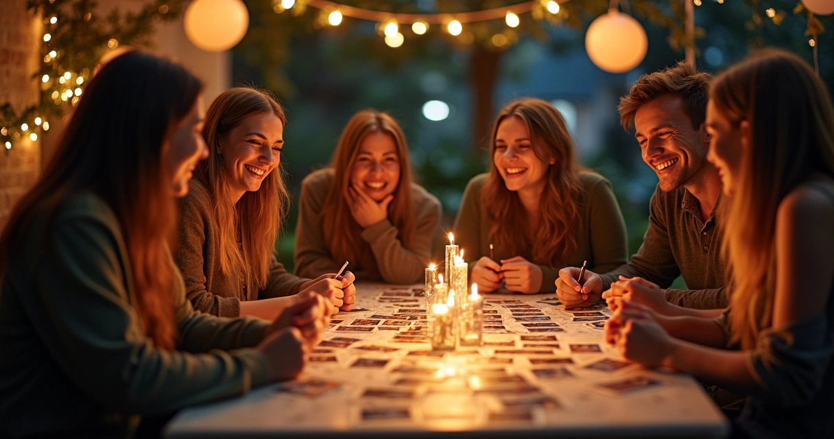 Pessoas sorrindo ao redor de mesa de festa tirando cartas de tarô