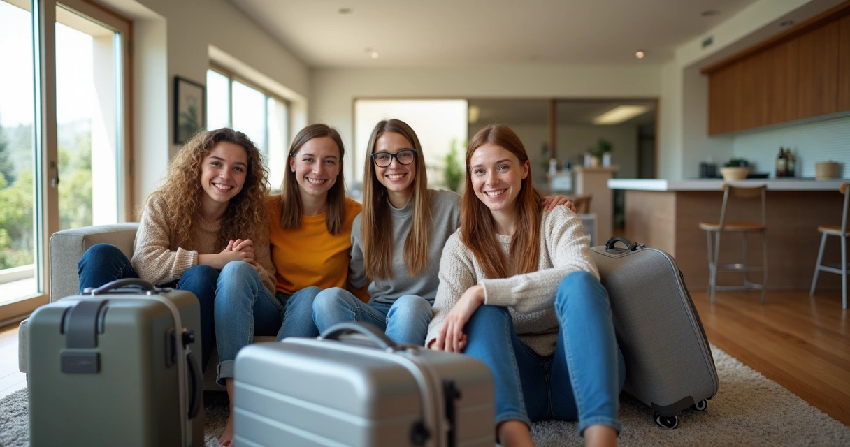 Amigos sorrindo em sala de casa de temporada com malas 