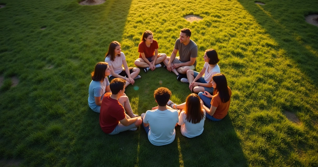 Grupo de amigos em parque vistos de cima com círculos de luz sutis ao redor 