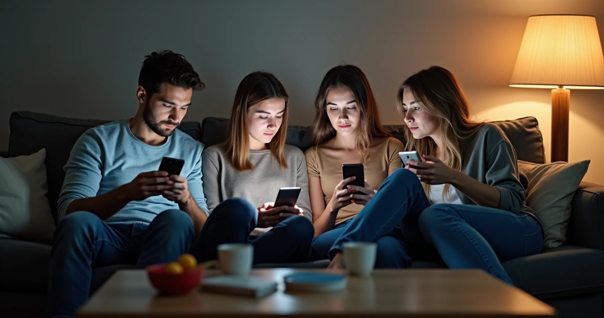 Grupo de amigos sentados juntos, mas cada um olhando para o próprio celular 