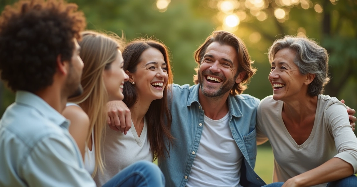 Grupo de amigos rindo juntos e demonstrando confiança