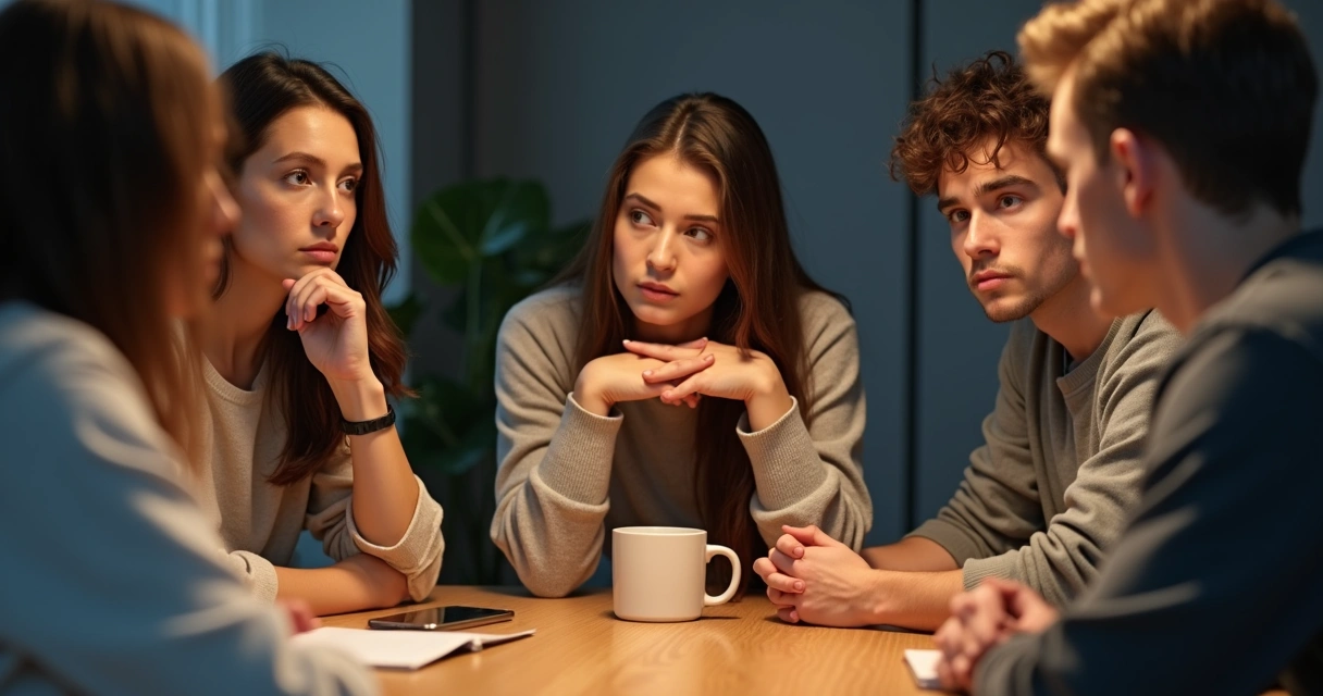 Grupo de amigos sentado ao redor de mesa, rostos sérios, tensão no ar 