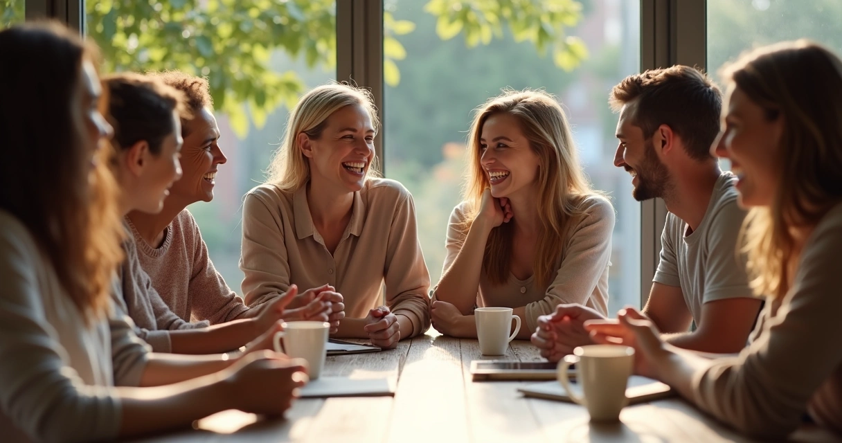 Grupo de amigos sorrindo, conversando à mesa em clima descontraído 