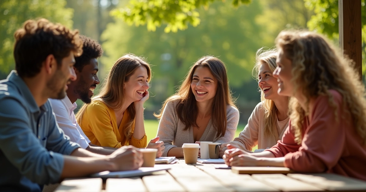 Grupo de amigos conversando e sorrindo juntos em uma mesa. 