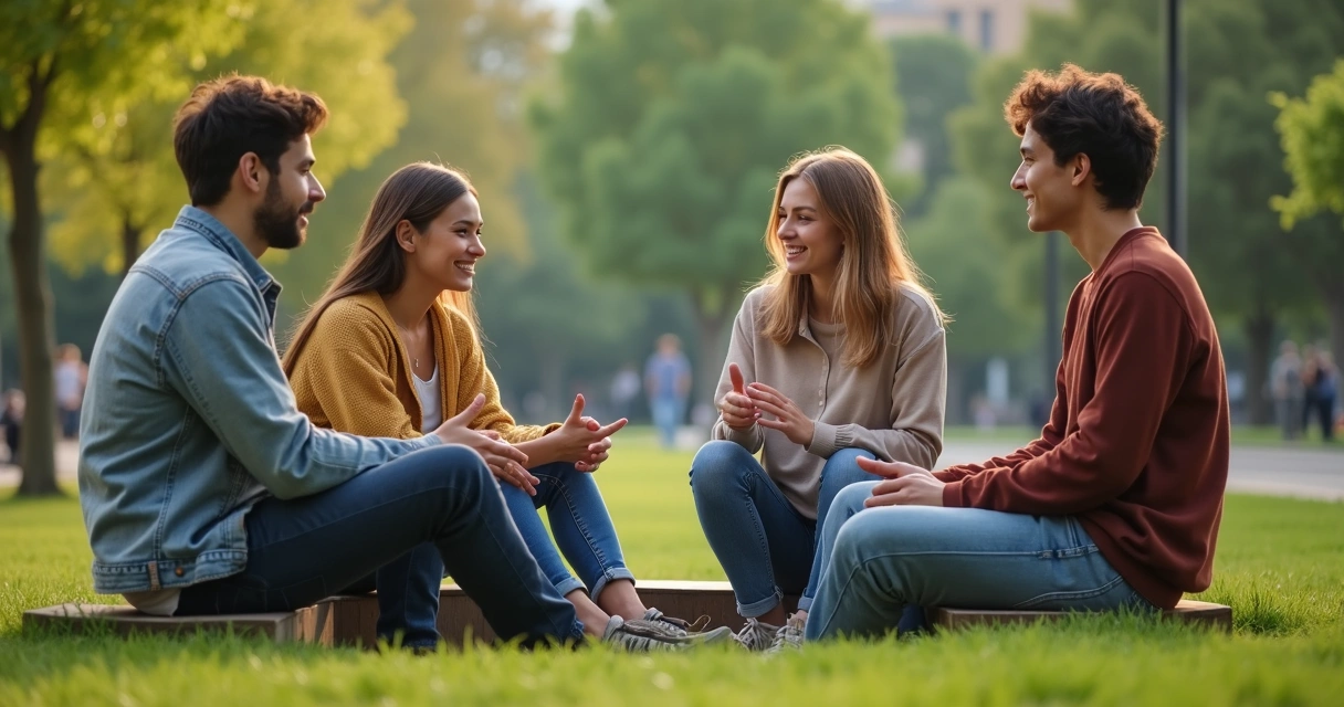 Grupo de amigos conversando em um parque 