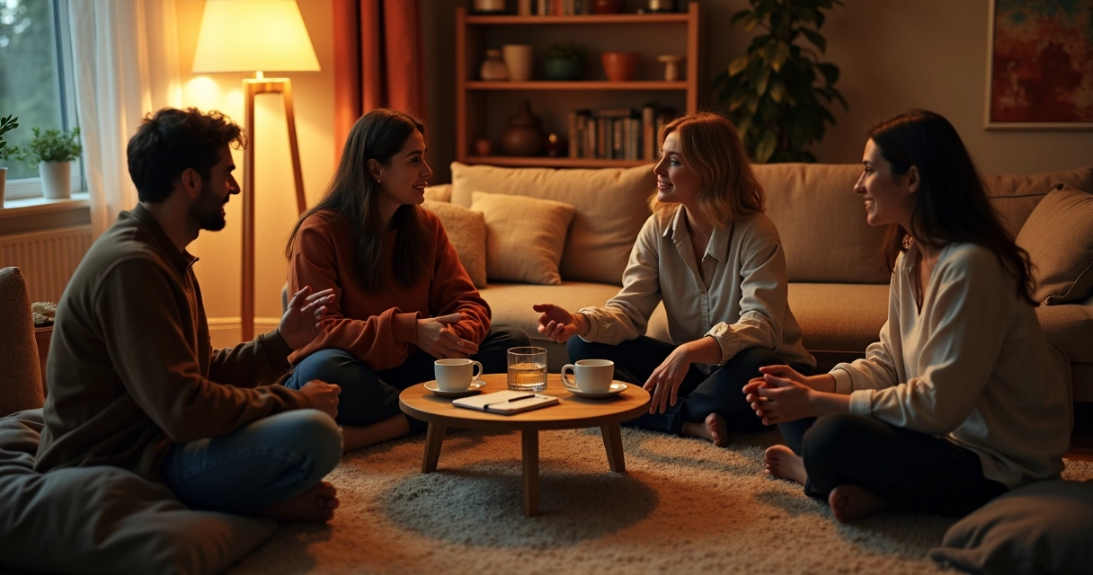 Grupo de amigos adultos conversando sentados em sala aconchegante à noite 
