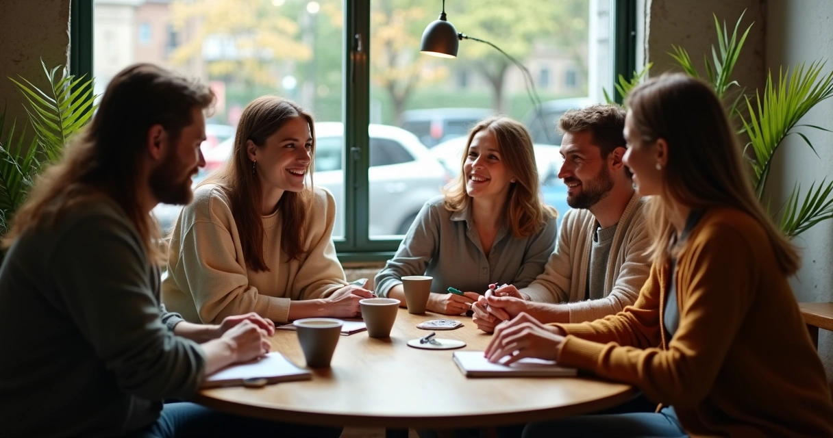 Grupo de amigos sentados conversando em uma cafeteria, atentos uns aos outros 