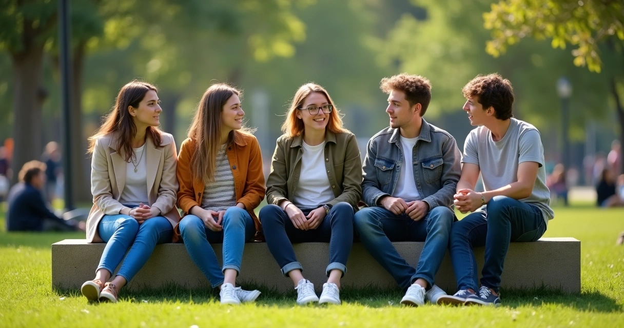 Amigos sentados conversando em uma praça 
