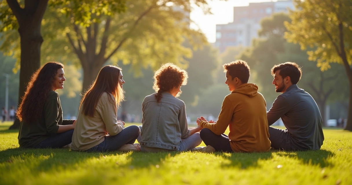 Grupo de amigos conversando ao ar livre