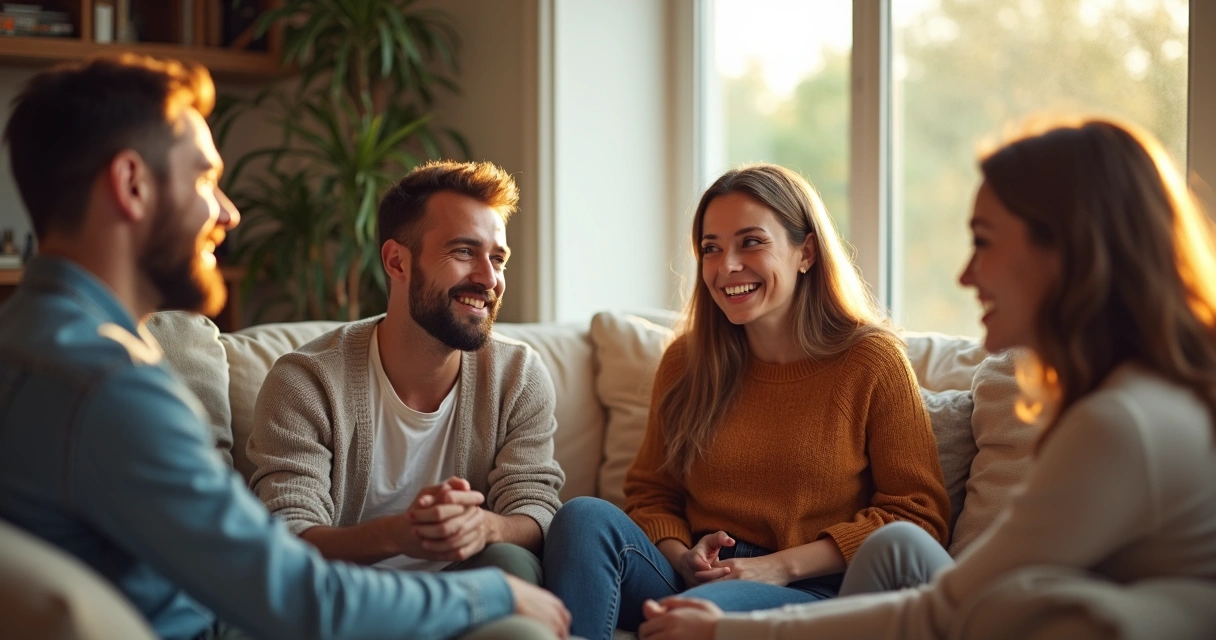 Grupo de quatro pessoas sentadas em círculo em uma sala confortável conversando informalmente 